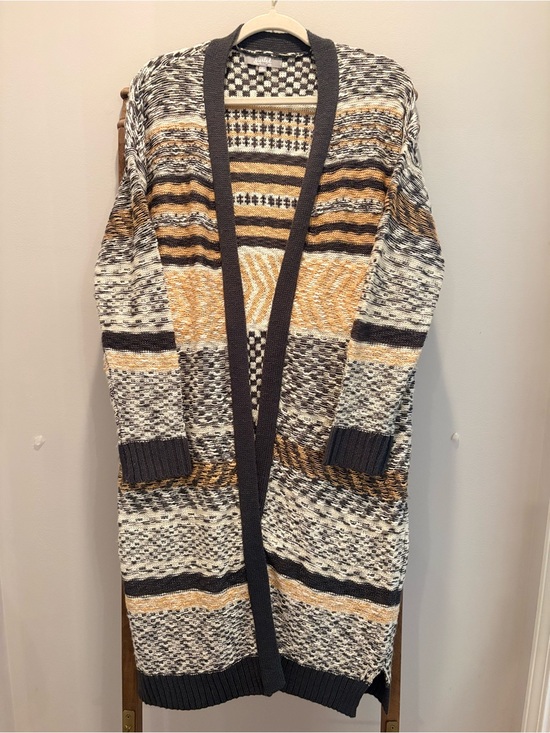 Marled Sweaters - Marled Striped Open-Front Cardigan in Mustard, Gray & Cream